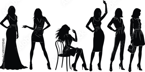 Fashion silhouettes, stylish women vector, modeling poses illustration, elegant attire artwork, lifestyle design concept, black icon graphics, fashion art scene