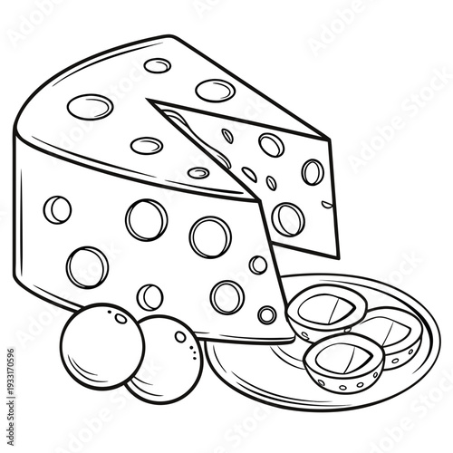 Delicious cheese wedge with crackers and fruit on a plate illustration