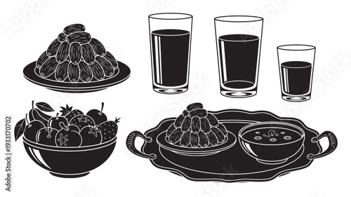 Set of 6 black and white food and drink icons vector