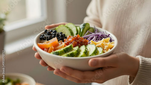 Woman Holding Healthy Vegan Buddha Bowl Fresh Lifestyle Diet Food,
