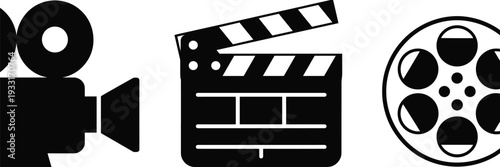 Film production silhouette icon set featuring video camera clapperboard and movie reel isolated on dark background cinema industry vector