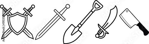 Historical and modern tools and weapons depicted in a simple line drawing style