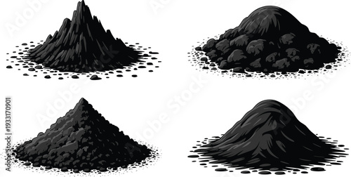 Granular material silhouettes, powder pile vector, industrial texture illustration, geology concept artwork, black substance design, construction material icon, isolated graphic elements