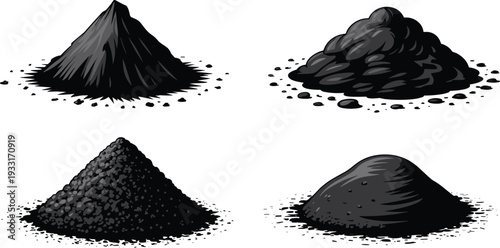 Granular powder silhouette, industrial material, coal charcoal piles, fine coarse texture, particulate substance, construction resource, black outline art, manufacturing illustration