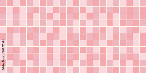 Pink pastel mosaic background. Soft rose and white square pixel grid. Cute ceramic wall texture for bathroom or nursery. Vector seamless wallpaper.