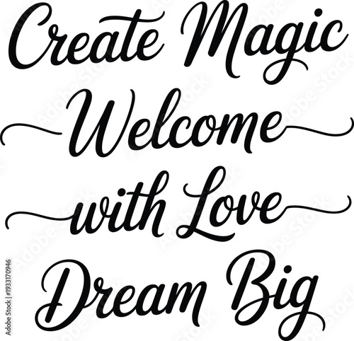Inspirational Quotes Typography Create Magic Welcome with Love Dream Big