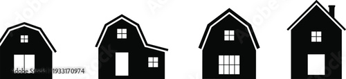 House silhouette icon set featuring different residential home shapes isolated on dark background real estate property vector illustration