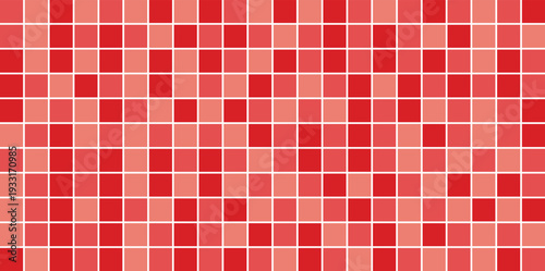 Red mosaic tile background. Seamless grid pattern with random color squares. Ceramic wall texture for kitchen or bathroom interior. Vector pixel wallpaper.