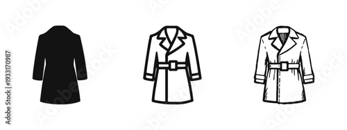 Hand-drawn Trench Coat Icons Set. Classic outerwear apparel illustrations for fashion and style designs.