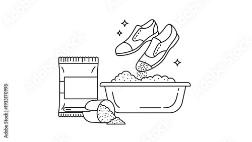 Illustration showing the process of cleaning shoes with a specialized detergent powder and a soaking tub for maintenance.