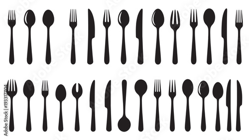 Set of 20 black cutlery icons vector