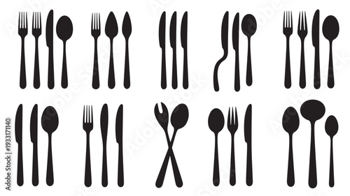 Set of 20 black cutlery icons vector