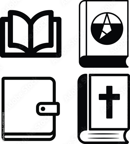 Four distinct icons representing religious and educational symbols
