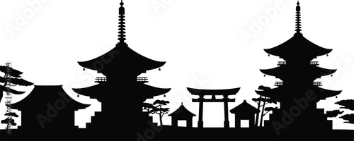 Japanese pagoda silhouette, torii gate vector, traditional temple illustration, cultural heritage design, black architecture art, spiritual landscape concept, isolated icon graphics