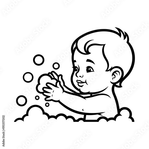 Toddler touching bubbles in bath with joyful expression  