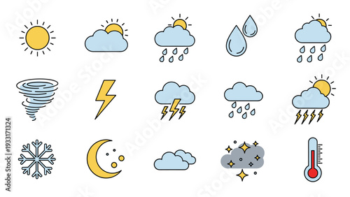 Comprehensive collection of various weather icons, including sun, clouds, rain, lightning, snow, moon, and temperature symbols.