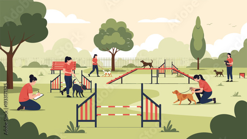 People training and guiding their dogs through various obstacles in an outdoor agility park, emphasizing dog training and pet agility.