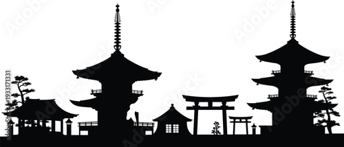 Japanese temple silhouette, pagoda architecture, torii gate, traditional shrine, cultural heritage, Buddhist design, Shinto illustration, historic landmark, black silhouette art