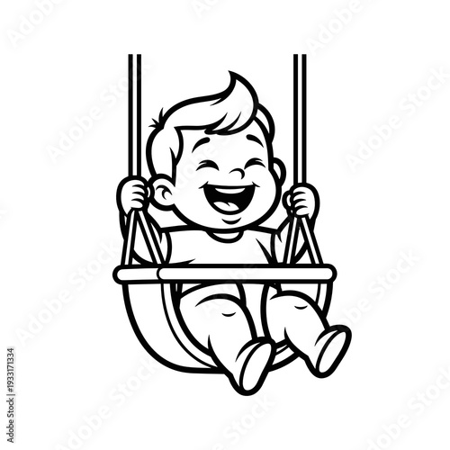 Toddler laughing in swing seat with joyful expression in black and white  