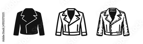 Biker Leather Jacket Icons Set. Classic rocker style illustrations for edgy fashion and casual wear.
