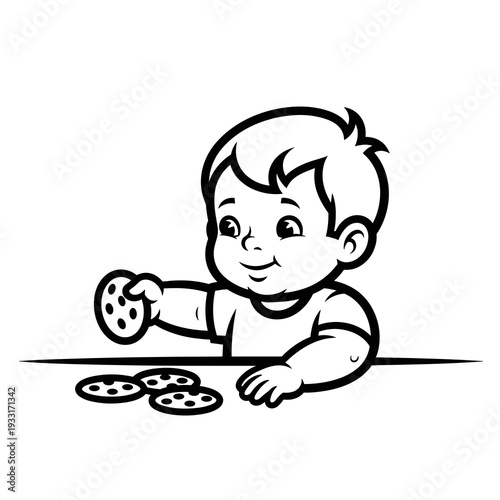 Toddler reaching for cookies on table with smiling expression  