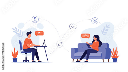 Two people communicating remotely via a man on a laptop and a woman on a sofa with a tablet, indicating telehealth or online therapy.