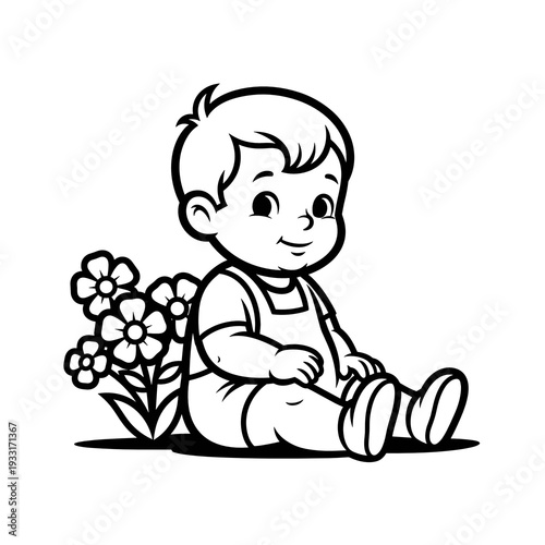 Toddler sitting beside flowerbed and smiling in black and white  