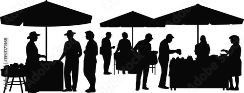 Marketplace silhouette, outdoor market, people shopping, community gathering, produce stalls, umbrella shade, social interaction, cultural commerce, black outline art, lifestyle illustration
