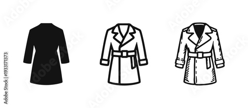 Fashion Trench Coat Icons Set. Elegant outerwear illustrations for classic style and rainy weather.