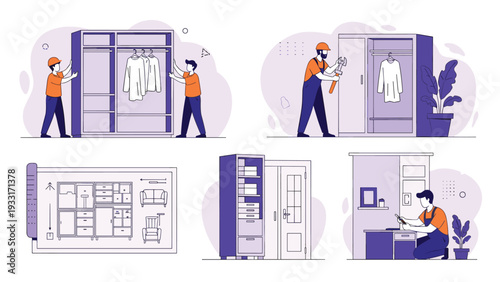 Collection of five illustrations featuring men expertly assembling and installing various furniture items, including wardrobes, closets, and desks.