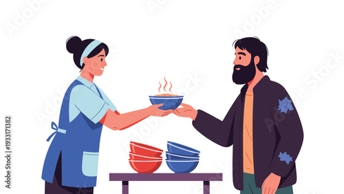Compassionate volunteer woman serving a warm, hot meal to a grateful homeless man, symbolizing charity, human kindness, and support for the needy.