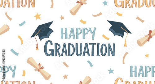 Happy Graduation Seamless Pattern with Caps, Diplomas, and Confetti on Light Cream Background