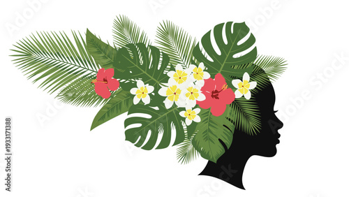 Beautiful silhouette of a woman's head adorned with vibrant tropical leaves and exotic flowers, creating a unique and natural headdress.