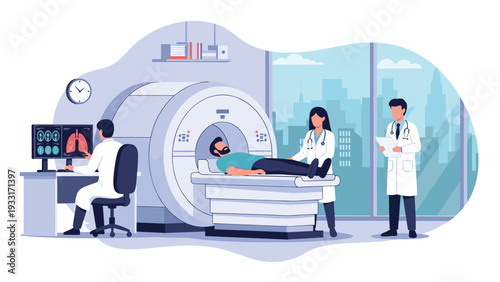 Medical professionals conducting an MRI scan on a patient in a modern facility, with one doctor monitoring the diagnostic results on a computer.