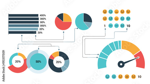 Comprehensive infographic displaying various data visualization elements, including bar charts, pie charts, and customer satisfaction gauges with smiley faces.