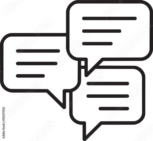 Three overlapping speech bubbles outline icon depicting public discussion debate political consensus and society communication