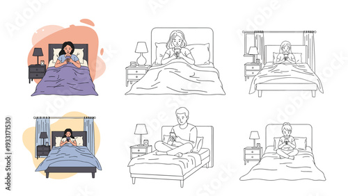 Collection of illustrations depicting diverse people in bed using their mobile phones at night, highlighting nighttime digital device usage.