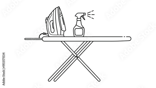 Simple line drawing illustration featuring an iron and a water spray bottle placed on top of a foldable ironing board.