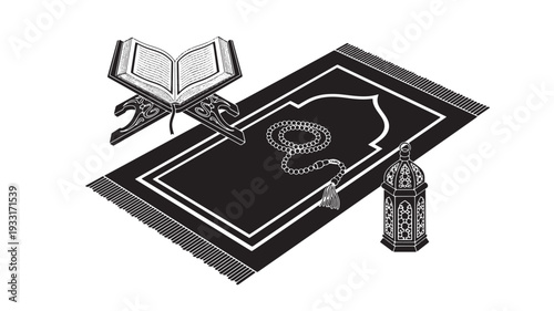 Vector Islamic prayer mat with Quran and mosque icon