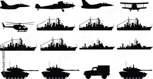 Military vehicle silhouettes, aircraft and tank icons, naval ship vector illustration, combat transport design, black war equipment artwork, defense concept graphics