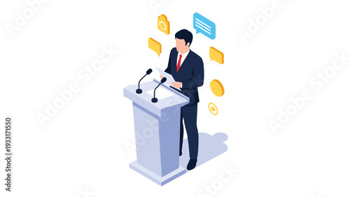 Isometric illustration of a businessman delivering a speech at a podium with microphones, surrounded by communication icons, representing public speaking or a conference event.