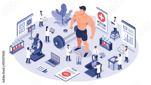 Group of doctors and scientists performing various medical tests and research around a large muscular man, symbolizing health, fitness, and human performance analysis.