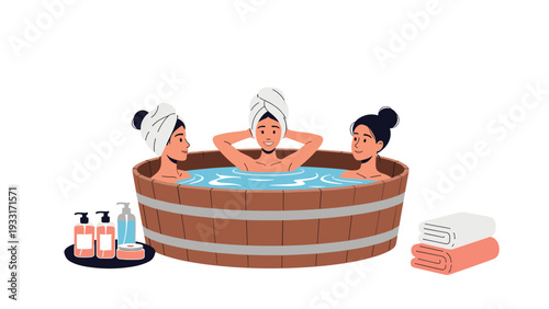 Three happy women relaxing together in a large wooden hot tub, enjoying a spa or bathing experience with bath products and towels nearby.