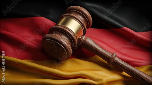 German Flag and Gavel Symbolizing Justice and Law Courtroom Setting Legal Concept Professional Environment Close-Up Perspective Political and Cultural Significance