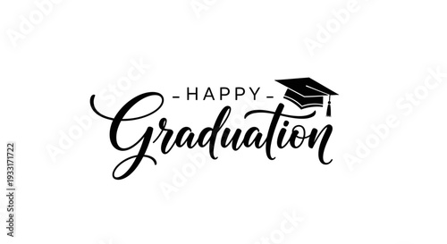 Simple Happy Graduation Script Lettering with Graduation Cap Icon, isolated white background, elegant academic theme