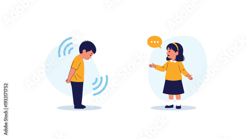 Young boy bowing down as a sign of apology while a young girl talks to him in a friendly and supportive school setting.