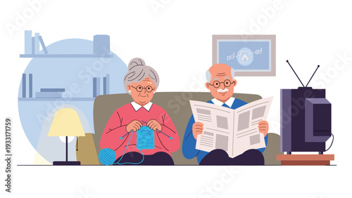 Elderly couple enjoying their retirement on a sofa, with the woman knitting and the man reading a newspaper, portraying a cozy and peaceful domestic scene.