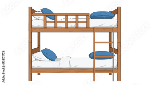 Simple wooden bunk bed with white mattresses and blue pillows, illustrating a practical sleeping arrangement for shared rooms or children's bedrooms.