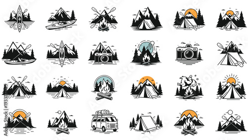 Extensive collection of monochrome and colored adventure and camping icons, featuring mountains, forests, kayaks, campfires, and tents, ideal for illustrating outdoor activities and travel.