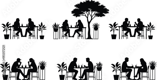 Outdoor dining silhouette, people conversation, café tables, potted plants, tree shade, social gathering, lifestyle illustration, leisure activity, cultural design, black outline art